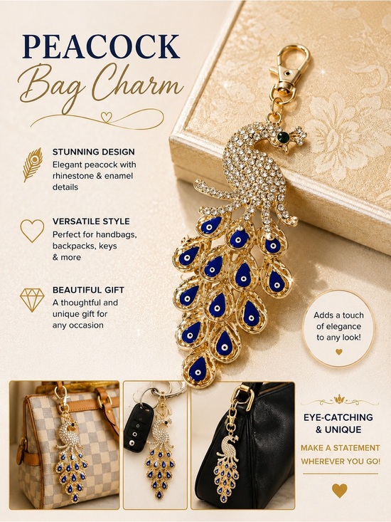 Italian Imports Other - Sparkling Peacock Rhinestone Bag Charm Keychain | Gold Tone | Evil Eye Enamel